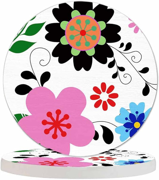 Colorful Flowers Coasters for Drinks Office Coffee Table Beautiful Cartoon Spring Botanical Floral Bloom Living Room Decor Set of 2 for Cold Drinks Wine Mugs and Cups 4 Inch