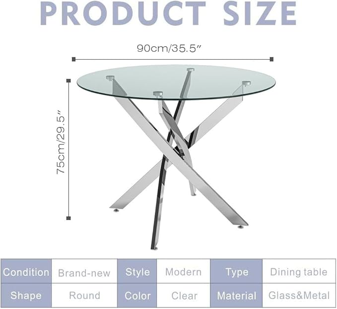 Round Tempered Glass Dining Table for 2-4 with Chromed Legs, 35.5 in Modern Small Kitchen Table for Kitchen Dining Room (White/Silver)