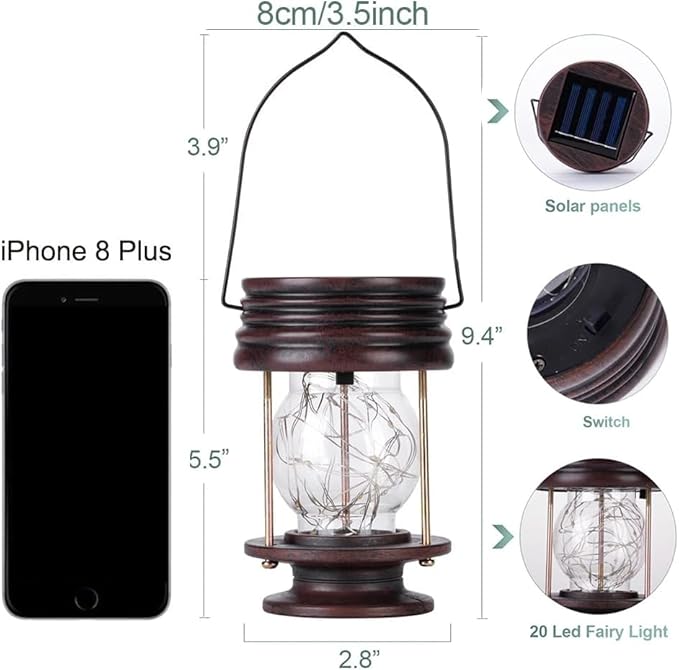 Hanging Solar Lanterns Outdoor - 20 LED Solar Powered Christmas Fairy Lights, Landscape Waterproof Lanterns lamp with Retro Design for Patio, Yard, Garden and Pathway Decoration (Warm Light)