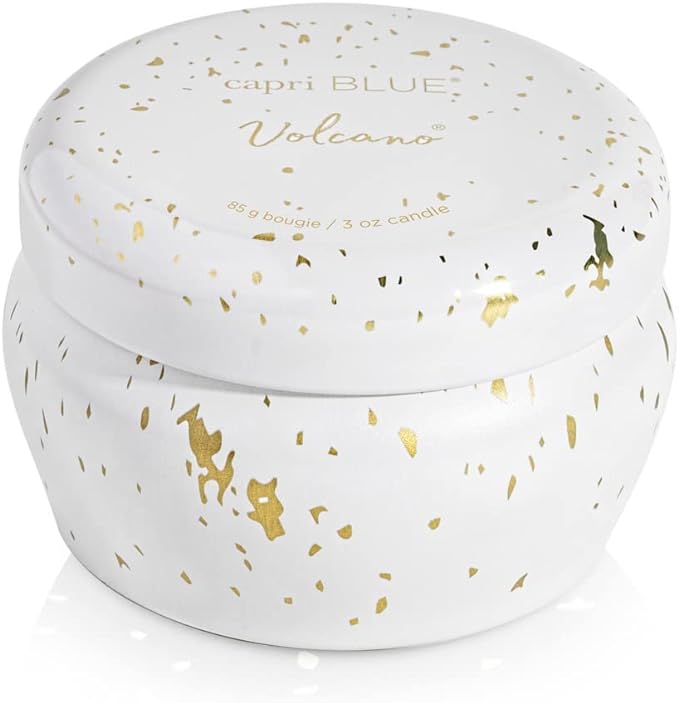 Capri Blue Glimmer Mini Tin - Volcano Scented Candle with Mini Tin Candle Holder - Soy Wax Blend - White and Gold (3 oz)