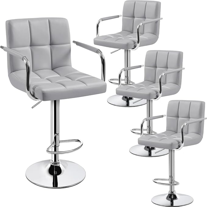 Yaheetech Bart Stools Set of 4, PU Leather Adjustable Barstools with Armrest, Counter Height Stool Chairs with Thickened Seat Cushion for Kitchen Island, Light Grey
