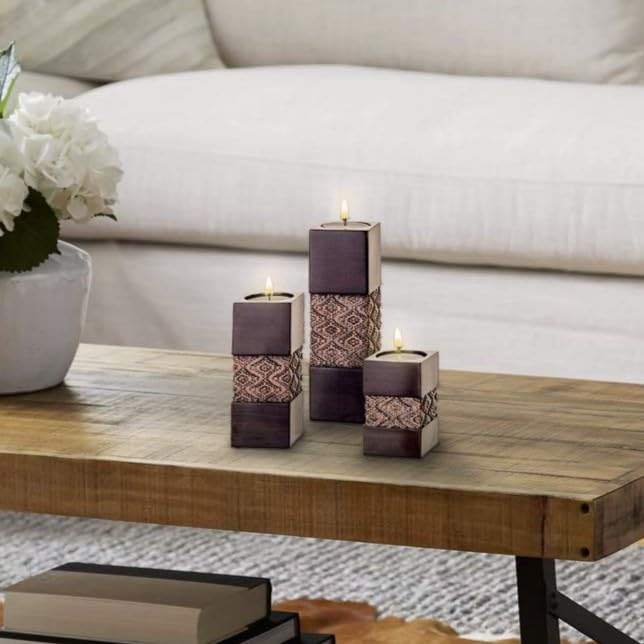 Creative Scents Dublin Brown Set of 3 Tealight Candle Holders Table Decor Gift Set - Centerpieces for Living/Dining Room Table, Coffee Table Decor for Fireplace/Entrance or Bathroom