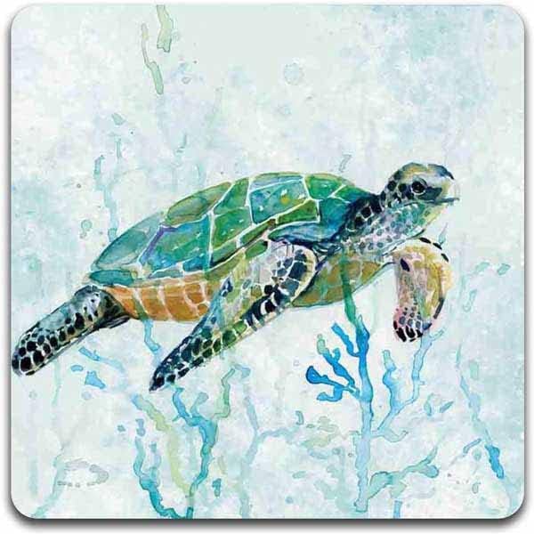 Watercolor Sea Turtle Square Coaster Set - Made of Recycled Rubber - Set of 4