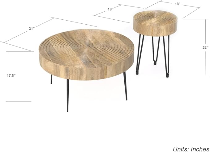Relso Aspen Round Nesting Coffee Table Set of 2 – Solid Wood Nesting Tables with Metal Legs, Natural Finish | End Table with Ring Pattern | Modern Accent Tables for Living Room, Boho, Farmhouse Decor
