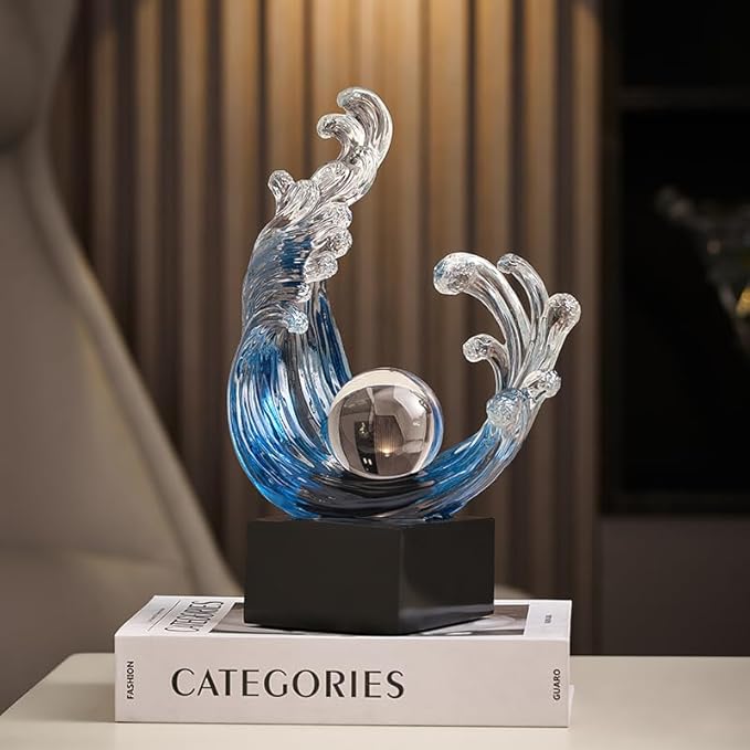 Modern Abstract Decorative Wave Statue, Blue Abstract Art Home Decor,Crystal Ball Art Wave Resin Sculpture, Office Desk Stand, Dining Table Center Decorative Aesthetics (A,Navy-Blue)