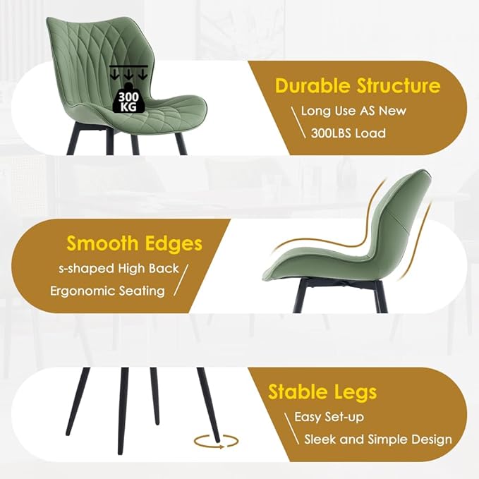 Kidol & Shellder Dining Chairs Set of 2 Green Modern Kitchen Chairs with Back Armless Accent Chairs for Living Room Upholstered Faux Leather Chair Mid Century Comfy Side Chair with Metal Legs