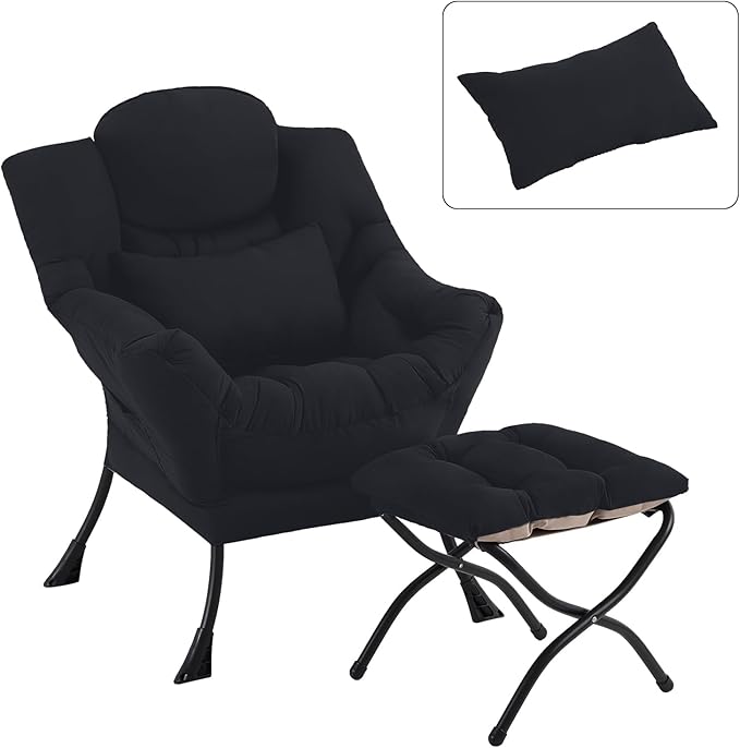 Lazy Chair with Ottoman, Modern Accent Chair with Lumbar Pillow, Comfy Chairs with Folding Footrest for Bedroom, Reading, Oversized Supportive Lounge Chairs(Velvet Black)