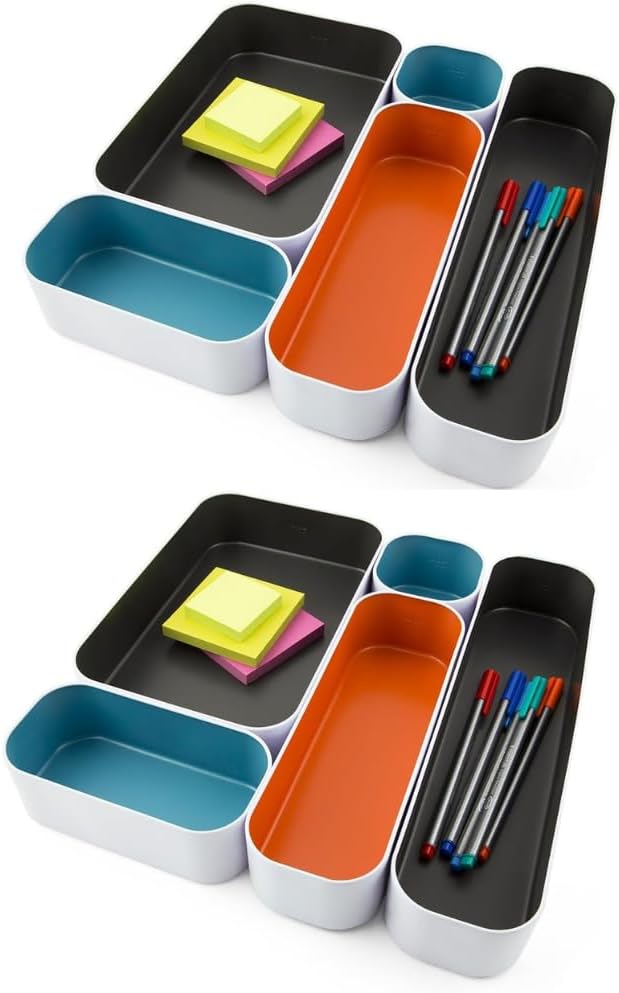 Three by Three Seattle 10 Piece Metal Organizer Tray Set for Storing Makeup, Stationery, Utensils, and More in Office Desk, Kitchen and Bathroom Drawers (2 Inch, Multicolor)