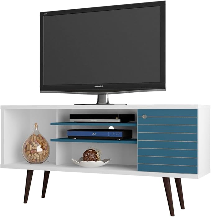 Manhattan Comfort Liberty Mid Century Modern TV Stand for Televisions up to 50 Inches, Bedroom and Living Room Entertainment Center with Storage, Shelves, and Cabinet, 53" Wide, White/Aqua