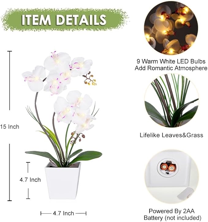 HOMESEASONS Homeseaons Orchid Lamp-LED Lighted Orchid Arrangements,Pre Lit Artificial Orchid,Light Up Flower Lights, Faux Orchid Phalaenopsis Arrangement (White)