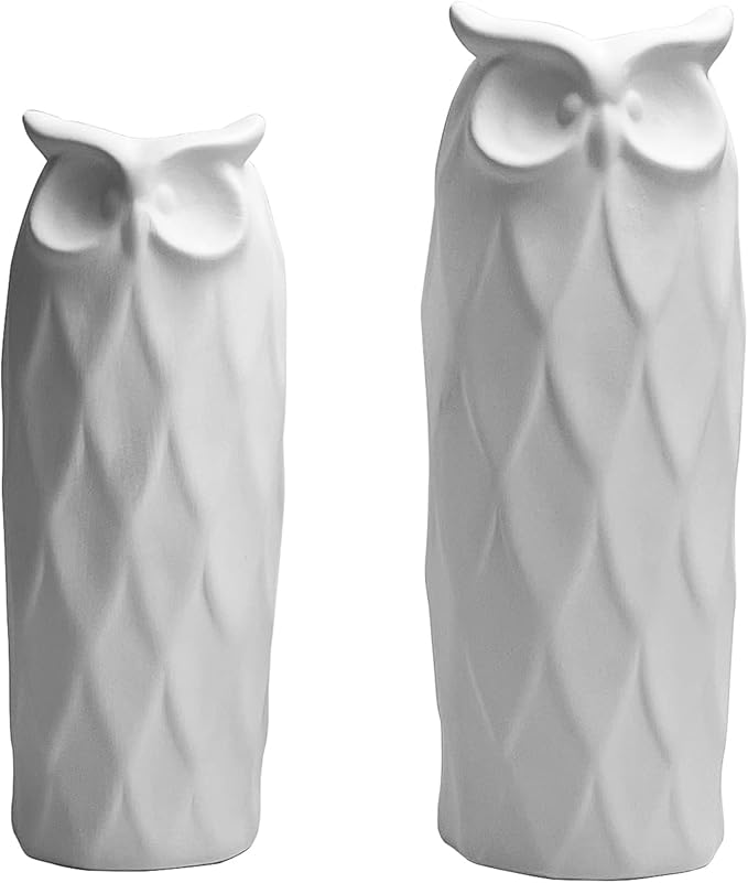 Owl Ceramic Vase Set of 2 for Living Room Bedroom 9.45'' and 8.27'' Modern White Fake Flower Plant Vases for Home Decor Office Table Shelf Fireplace Retro Rustic Farmhouse Vintage Classic Gift