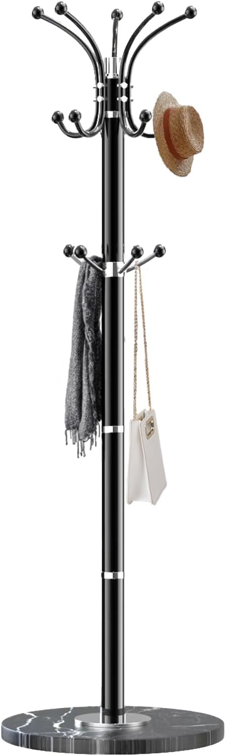 Metal Coat Rack Stand with Natural Marble Base, Modern Coat Rack Freestanding, 360°Rotary Coat Racks with 14 Hooks, Heavy Duty Coat Hall Tree Hanger Stand for Entryway, Office