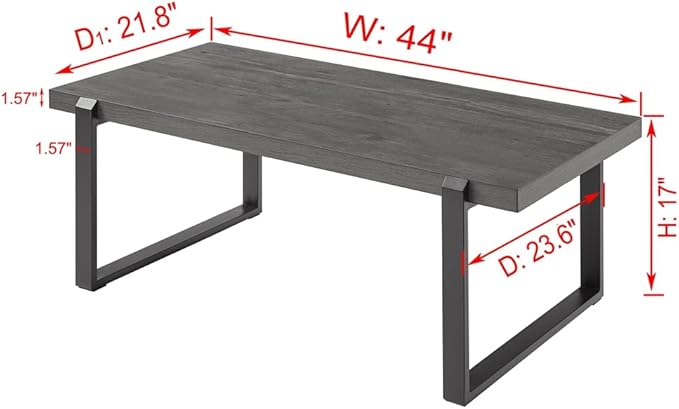 EXCEFUR Modern Coffee Table, Rustic Wood and Metal Center Table, Rectangle Cocktail Tea Table for Living Room, Grey, 44 Inch