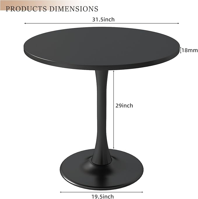 Black Round Table Modern Dining Table Tulip Round Kitchen Table Mid Century Coffee Table for Living Room, 31.5 inch