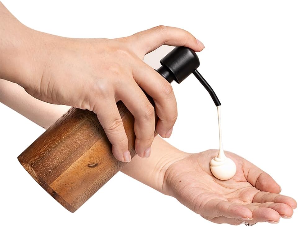 Walnut Wood Soap Dispenser, 14oz/400ml Round Cylinder Hand Soap Dispenser for Bathroom, Kitchen, with Pump Head, Funnel & Labels, Bathroom Countertop Soap Dispensers