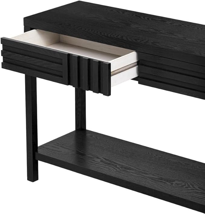 Mid Century Modern Console Table with Ash Veneer,Wood Fluted Entryway Table with Storage Drawers and Shelf for Entryway,Foyer,Living Room (Black)