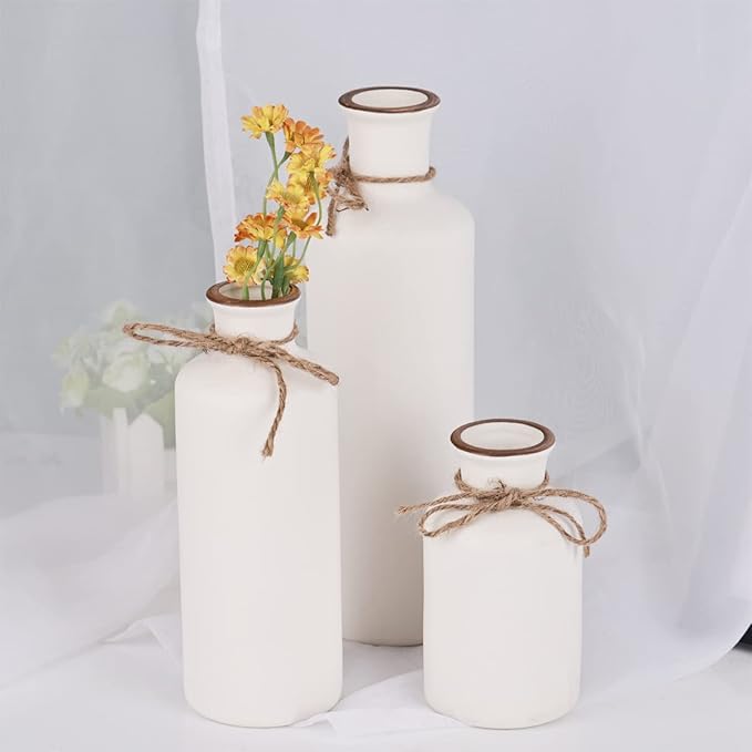 White Ceramic Vase Set - 3 Small Vases, Minimalist Decor Boho Vases, Modern Farmhouse Home Décor Accents, Living Room Centerpieces for Home Décor Room,Entryway, Bookshelf, Mantel, Shelf Décor