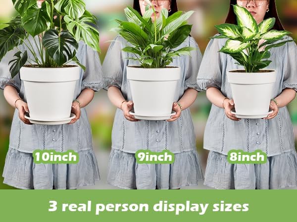 3-Pack 8/9/10 Inch Plastic Plant Pots with Saucers – Durable BPA-Free Planters with 21 Drainage Holes, Raised Bottom Breath and Bottom Watering Design for Indoor & Outdoor – White
