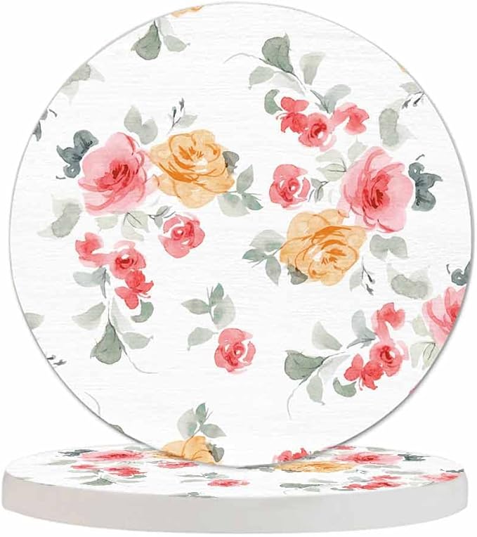 Pastel Roses Watercolor Anti Slip Coasters Beautiful Colorful Blossom Botanical Cups Place Mats for Table Home Decor 4 Inches Living Room Kitchen Coffee Table,2 Pcs