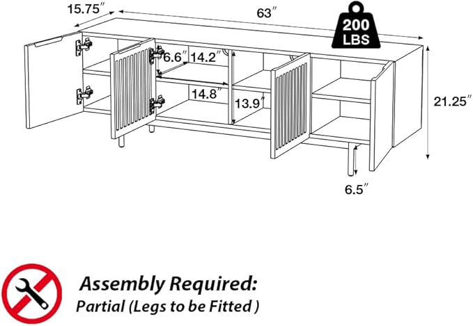 POVISON Full Assembled Mid-Century Modern TV Stand with Slatted Doors, Wood Media Console for 65 Inch TV, TV Console with Tall-cast Metal Legs, Entertainment Center with Storage for Living Room