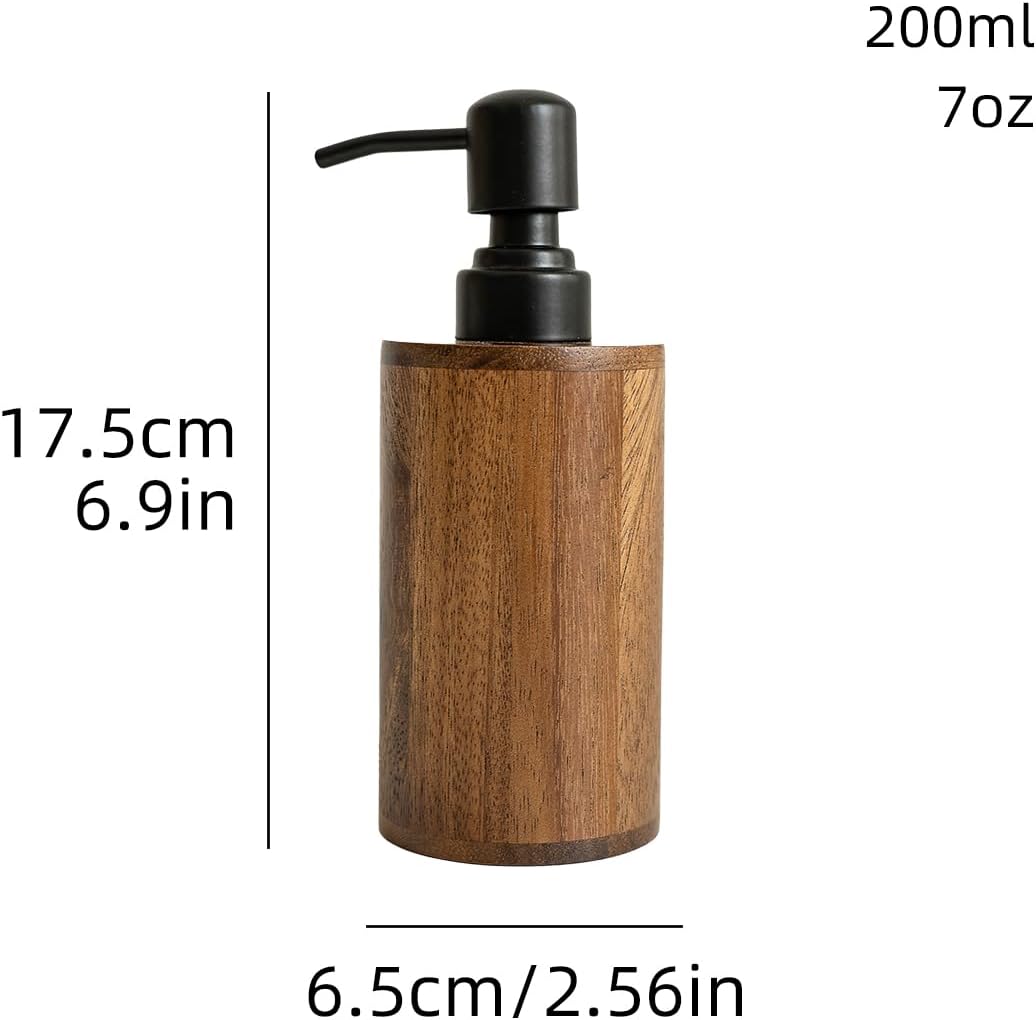 Walnut Wood Soap Dispenser with Pump, Funnel & Label, Refillable Hand Soap Dispenser for Bathroom & Kitchen, Cylinder Design, Rustic Countertop Decor(7oz/200ml)