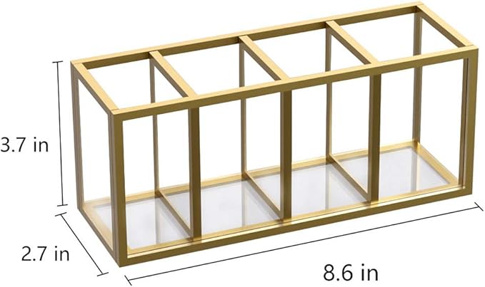 NIUBEE Acrylic Pen Holder 4 Compartments, Gold Copper Border Pencil Organizer Cup for Countertop Desk Accessory Storage