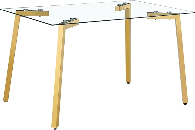 Dining Table for 6 Kitchen Table 51" Rectangular Modern Glass Dining Table Kitchen & Dining Room Tables with Glass Tabletop and Metal Legs for Dining Room and Kitchen, Gold