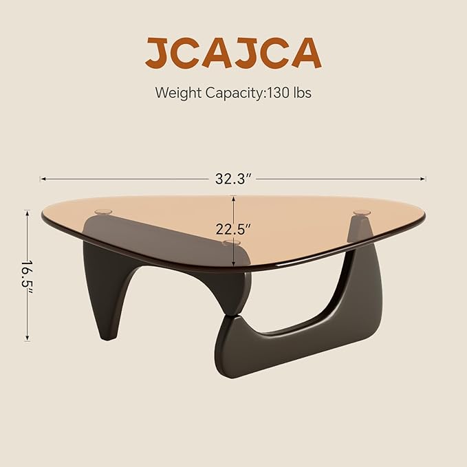 Glass Coffee Table for Living Room Mid Century Modern Triangle Center Table with Wooden Base, Brown/Black