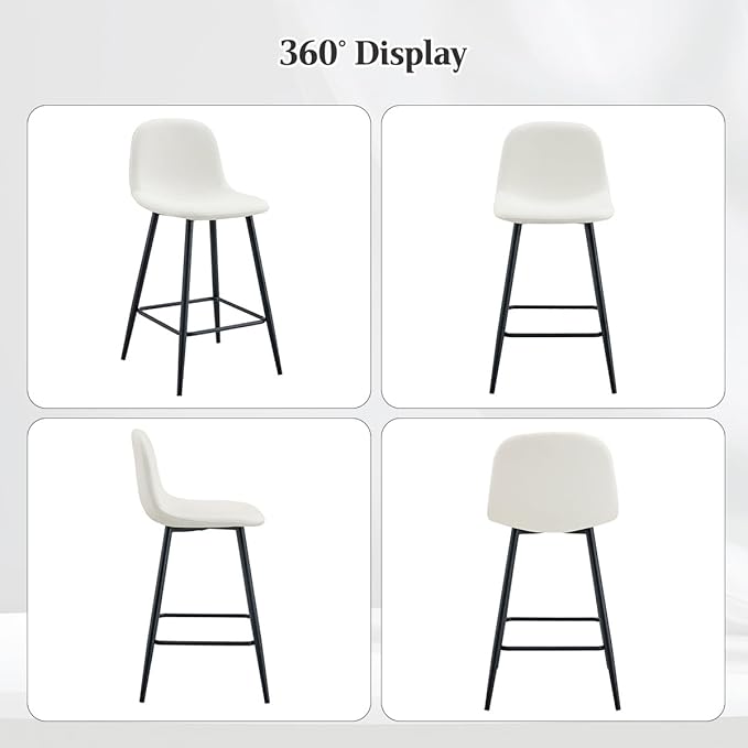 White Barstools Set of 2, 24.6" Counter Height Bar Stools with Back & Metal Footrest, Modern Island Chairs Set of 2 for Kitchens Island Home Bar