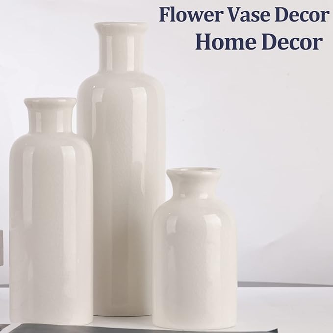 Farmhouse Decor 3 Piece Set - White Crackle Ceramic Vase for Country Home Centerpieces, Living Room, Table, Fireplace and Entrance