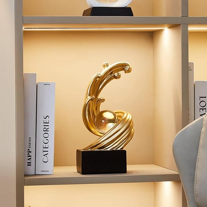 Golden Wave Resin Sculptures with Crystal Ball Decor - Modern Abstract Home Decor, Ideal for Dining Table Centerpiece, Bookshelf, TV Stand, Office Desk & Home Entryway (B,Gold)