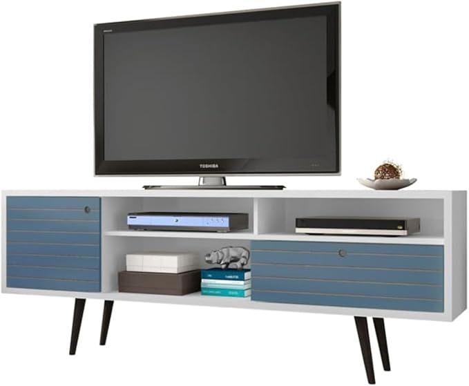 Manhattan Comfort Liberty Mid Century Modern TV Stand for Televisions up to 65 Inches, Bedroom and Living Room Entertainment Center with Storage, Shelves, and Cabinet, 71" Wide, White/Aqua