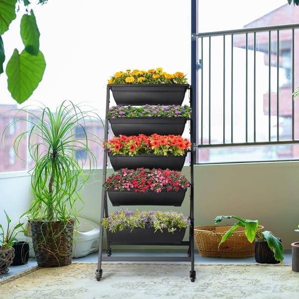 5 Tiers Vertical Garden Raised Beds with Mobile Legs Elevated Planter Boxes with 5 Container Boxes Vertical Raised Garden Planter Outdoor with Drainage Holes & Removable Pale Black Raised Bed Box