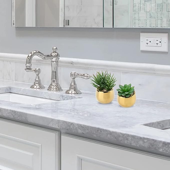 Briful Small Artificial Succulents in Pots Set of 3 Realistic Faux Succulents Plants with Gold Ceramic Pots Cute Mini Fake Plants Decor for Modern Home Table Office Desk Bathroom Shelf Decoration