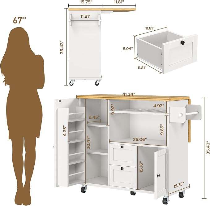 Rolling Kitchen Island with Storage Cabinet, 41.3'' Width Kitchen Cart with Desktop Drop Leaf Countertop, Portable Mobile Kitchen Island with Towel Rack, Spice Rack Shelf and Lockable Wheels, White