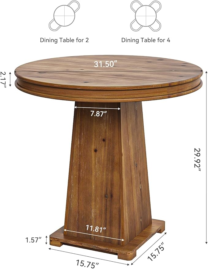 LITTLE TREE Solid Wood Round Dining Table, 31.5" Small Kitchen Table for 2, Modern Farmhouse Dinner Table for Dining Room, Kitchen, Living Room, Artistic Geometric Base (Rustic Brown)