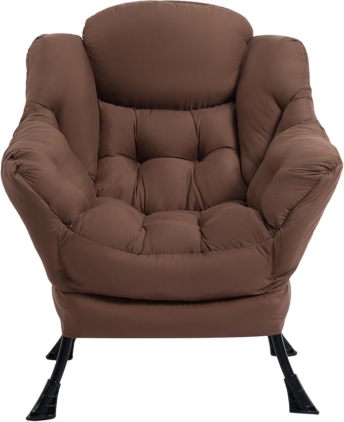 HollyHOME Fabric Lazy Chair with Foldable Ottoman, Accent Comfy Lounge Arm Chair and Folding Footrest Stool Set, Leisure Sofa Reading Chair and Footstool for Living Room, Bedroom, Dorm, Coffee Brown