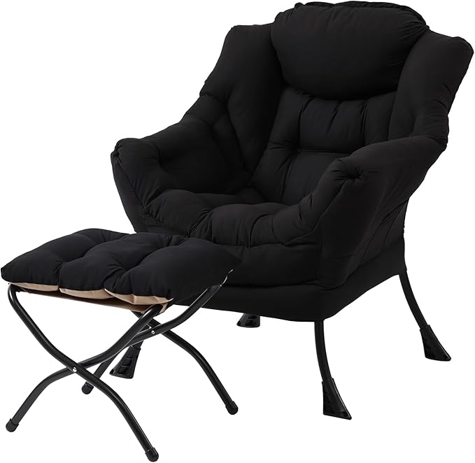 Welnow Lazy Chair with Ottoman, Modern Lounge Accent Chair with Armrests and a Side Pocket, Leisure Sofa Armchair Set, Reading Armchair with Footrest for Small Space, Black