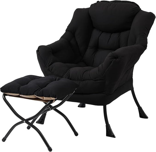 Welnow Lazy Chair with Ottoman, Modern Lounge Accent Chair with Armrests and a Side Pocket, Leisure Sofa Armchair Set, Reading Armchair with Footrest for Small Space, Black