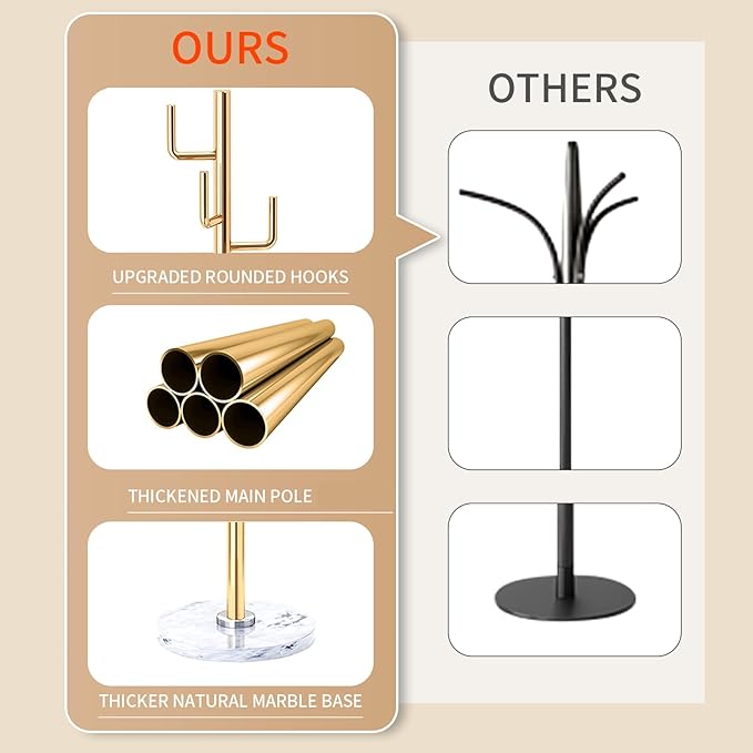 Modern Metal Coat Rack Stand with Natural Marble Base, Heavy Duty Coat Rack Freestanding with 8 Hooks, Golden Cactus Standing Coat Racks for Bag, Jacket, Entryway Office (Golden Cactus)