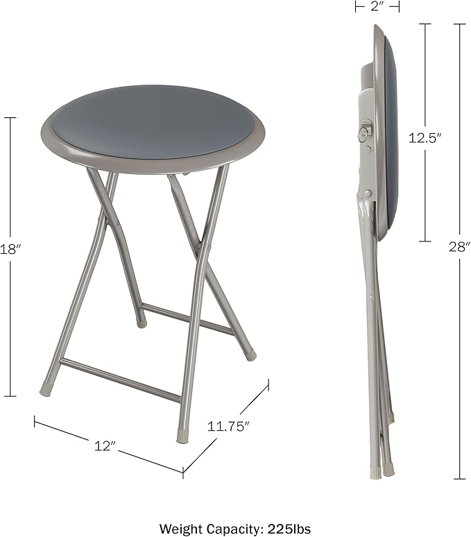 Lavish Home Folding Bar Stools - Set of 2 Heavy-Duty 18-Inch Stool - 225lb Capacity and Padded Seats for Dorm, Recreation or Game Room (Gray)
