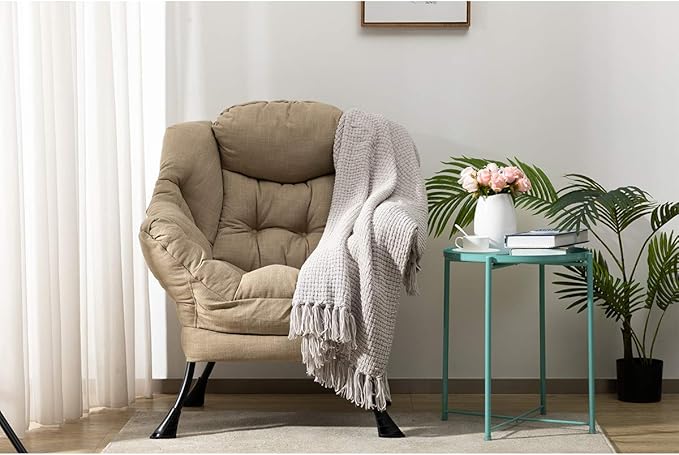 HollyHOME Modern Fabric Large Lazy Chair, Accent Oversized Comfy Reading Chair, Thick Padded Cozy Lounge Chair with Armrest, Leisure Sofa Chair for Living Room, Bedroom, Dorm, Coffee&White