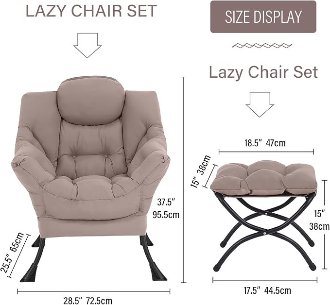 Welnow Lazy Chair with Ottoman, Modern Reading Lounge Accent Chair with Armrests and a Side Pocket, Leisure Upholstered Lazy Sofa Set with Footrest for Small Space, Khaki