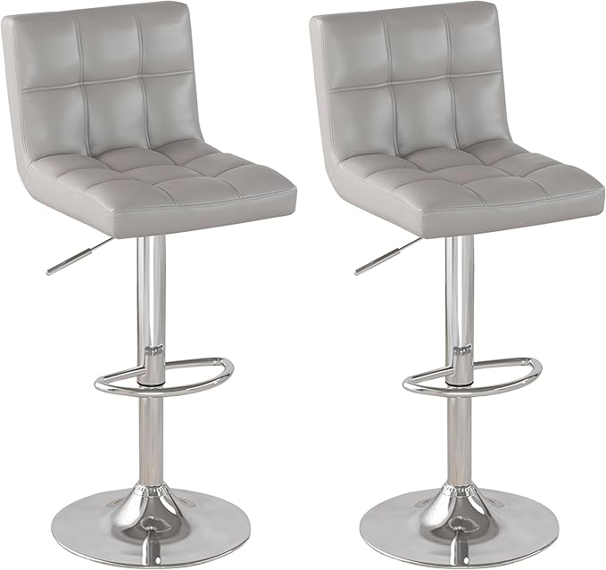 Modern PU Leather Bar Stools Set of 2, Adjustable Swivel Square Bar Chairs, Armless Counter Height Barstools with Back and Large Base for Island/Kitchen(Gray)