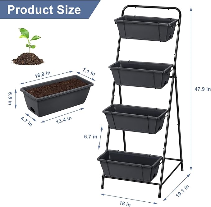 4 Tier Vertical Garden Planter Herb Garden Planter Outdoor Planters for Outdoor Plants Standing Vertical Raised Garden Bed Tiered Garden Vegetable Planter with Drainage Holes (Grey)