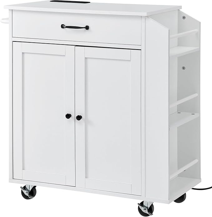 VEVOR Kitchen Island Cart, 32" Mobile Carts with Storage Cabinet, Rolling Table with Power Outlet, Spice Rack, Towel Bar, Adjustable Shelf, Drawer, Dining Living Room Portable Islands on Wheels, White
