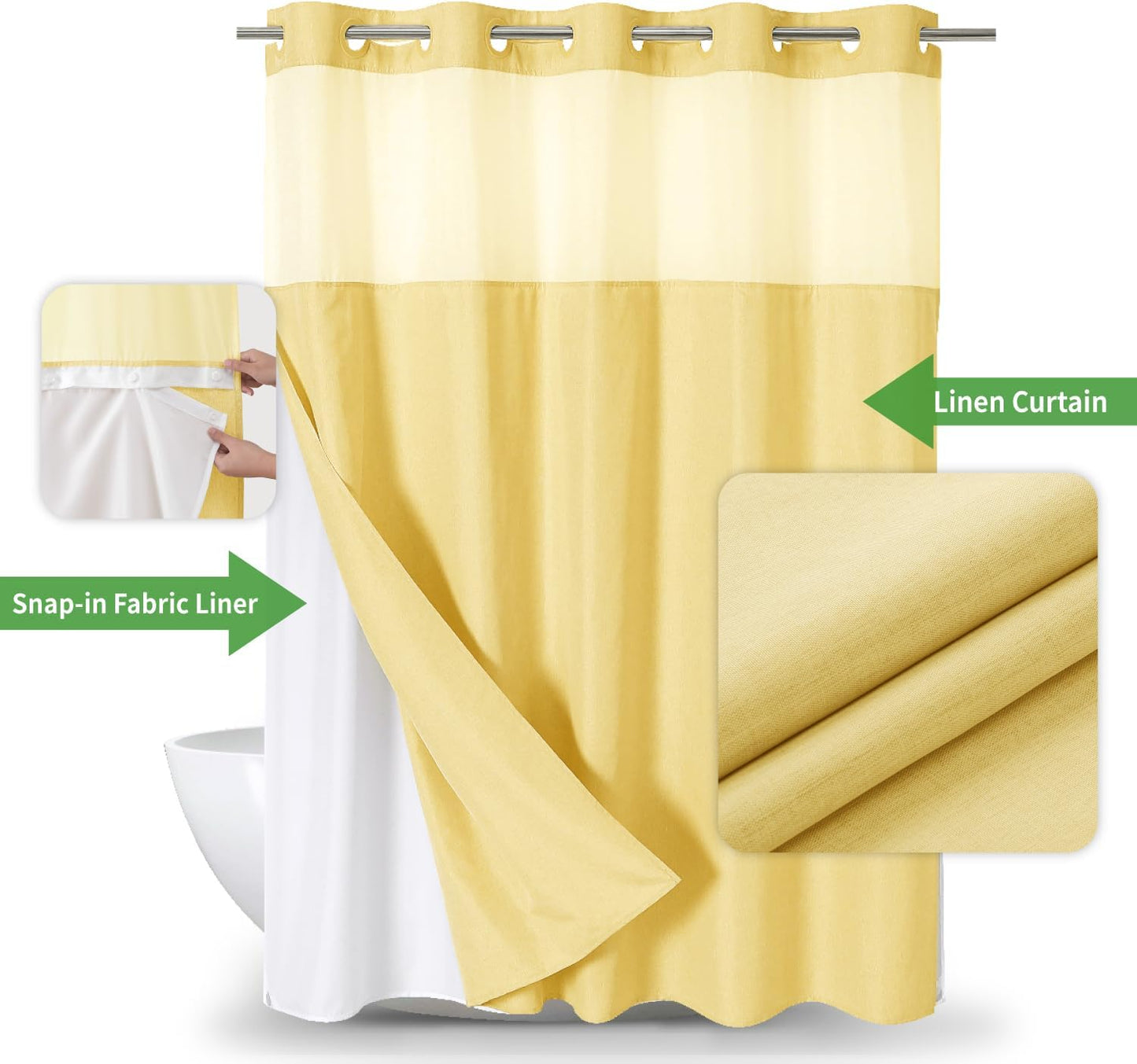 Long No Hooks Needed Linen Textured Shower Curtain with Snap-in Fabric Liner Set,Hotel Luxury Decor Shower Curtains for Bathroom,Waterproof & Washable,71Wx80H,Gold