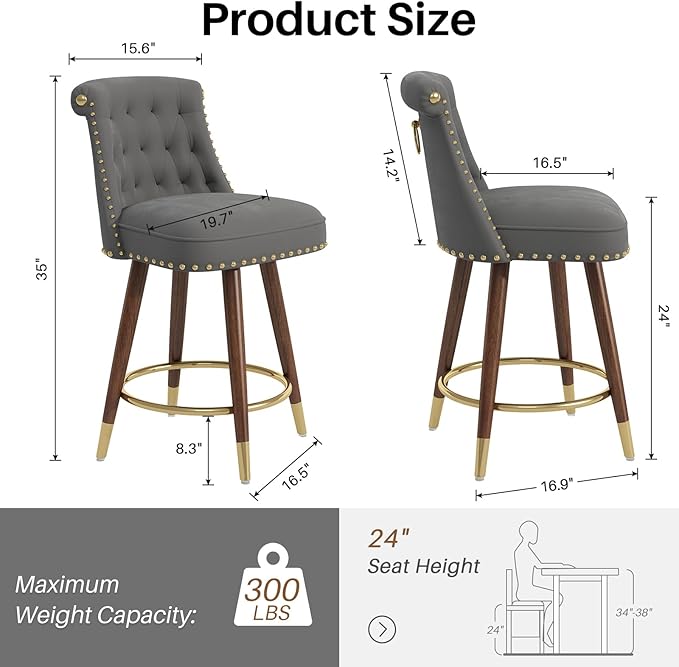 24" Counter Height Bar Stools Set of 4, Swivel Counter Stools with Back, Upholstered Velvet Stools for Kitchen Counter with Wood Legs, Fabric in Gray