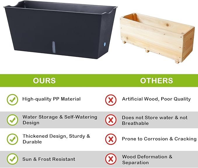 Window Box Planter 6 Pcs, 16.5 Inches Self Watering Rectangle Flower Plant Pots with Drainage Holes Trays, Vegetable Planters for Windowsill Patio Garden Balcony Porch Yard (Black)