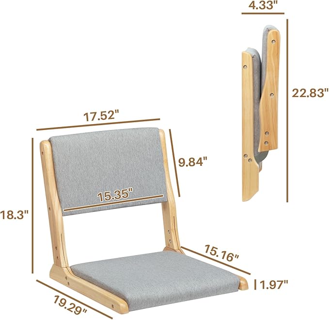 HollyHOME Foldable Japanese Style Floor Chair with Back Support, Wood Legless Tatami Chair with Cushion, Accent Meditation Seat for Bay Window, Living Room, Bedroom, Light Grey